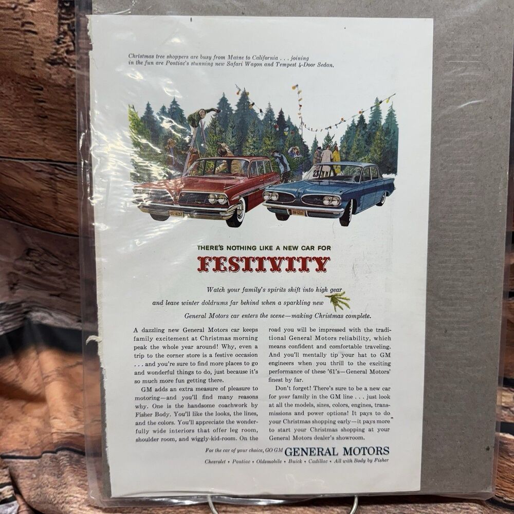 1961 Pontiac Safari Wagon Tempest Festive Ad Christmas Tree Lot Farm Vintage GM